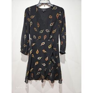 MADEWELL  Dress Black Peacock Feathers Wrap Poppy A Line V Neck Long Sleeve